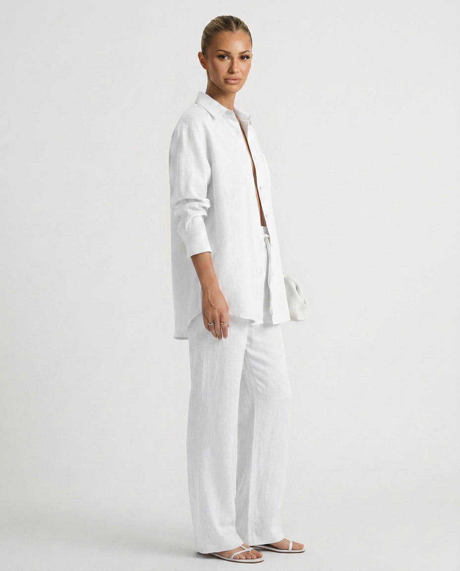 Women's Matching Set Linen Long Sleeve Button Down Drawstring Pants Casual