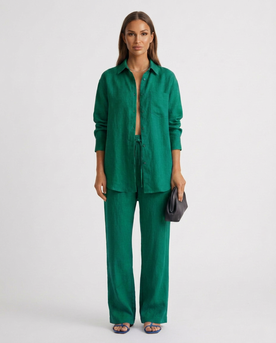 Women's Matching Set Linen Long Sleeve Button Down Drawstring Pants Casual