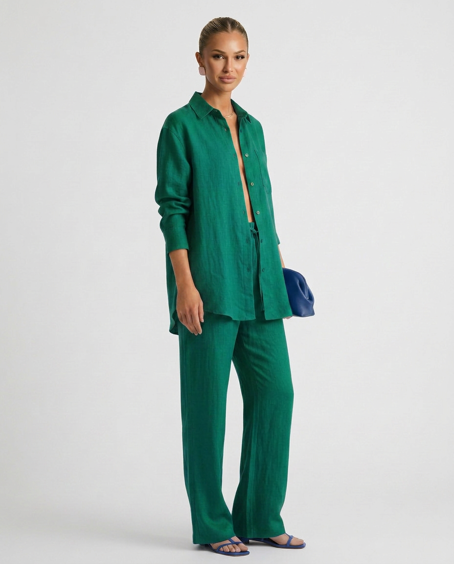 Women's Matching Set Linen Long Sleeve Button Down Drawstring Pants Casual