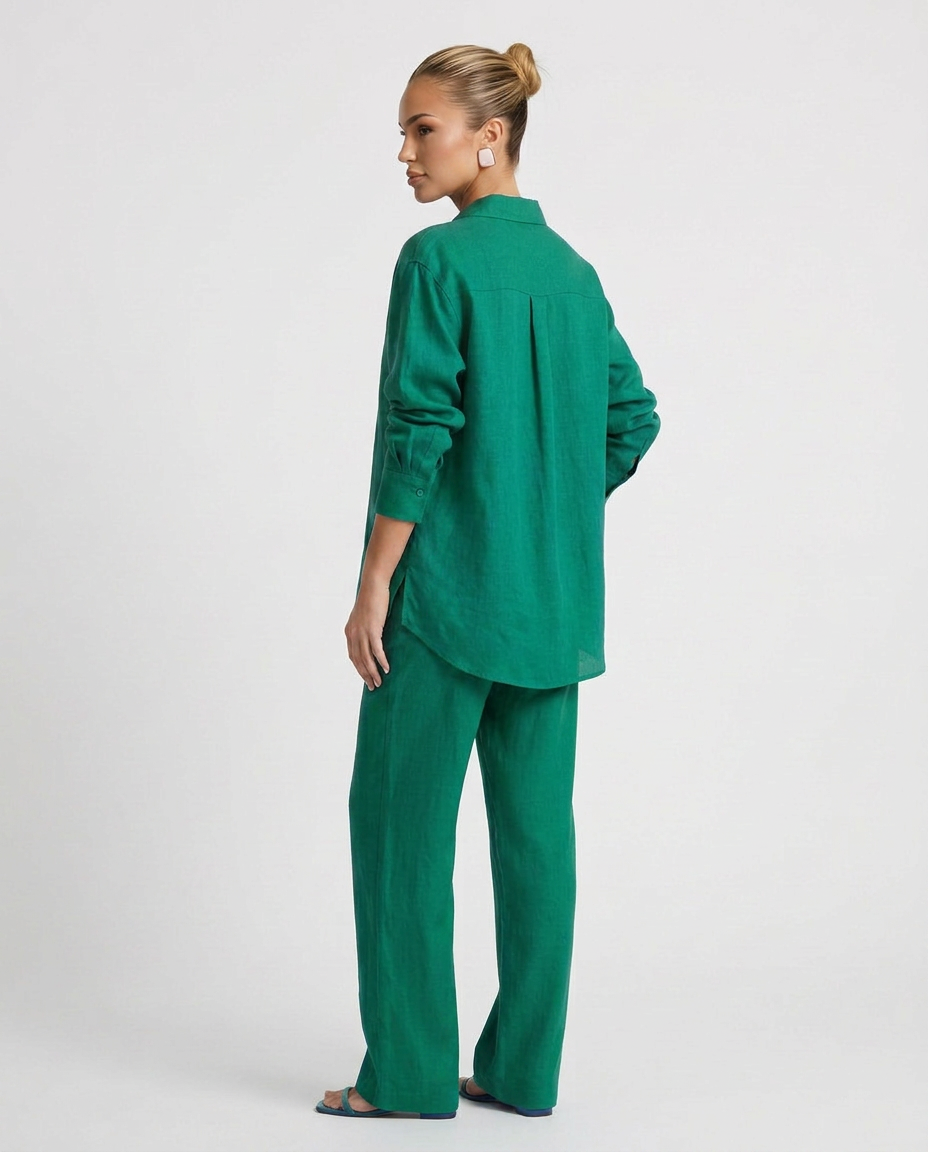 Women's Matching Set Linen Long Sleeve Button Down Drawstring Pants Casual