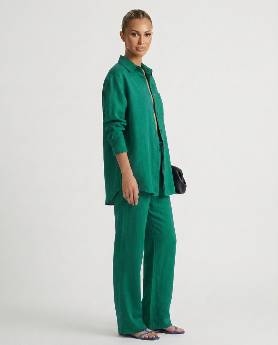 Women's Matching Set Linen Long Sleeve Button Down Drawstring Pants Casual