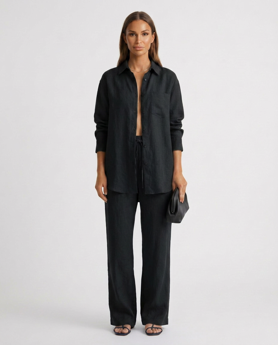 Women's Matching Set Linen Long Sleeve Button Down Drawstring Pants Casual