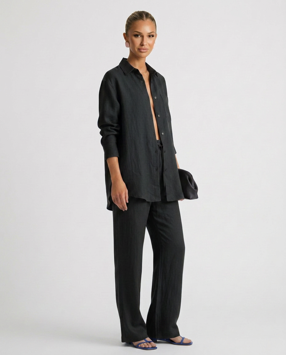 Women's Matching Set Linen Long Sleeve Button Down Drawstring Pants Casual