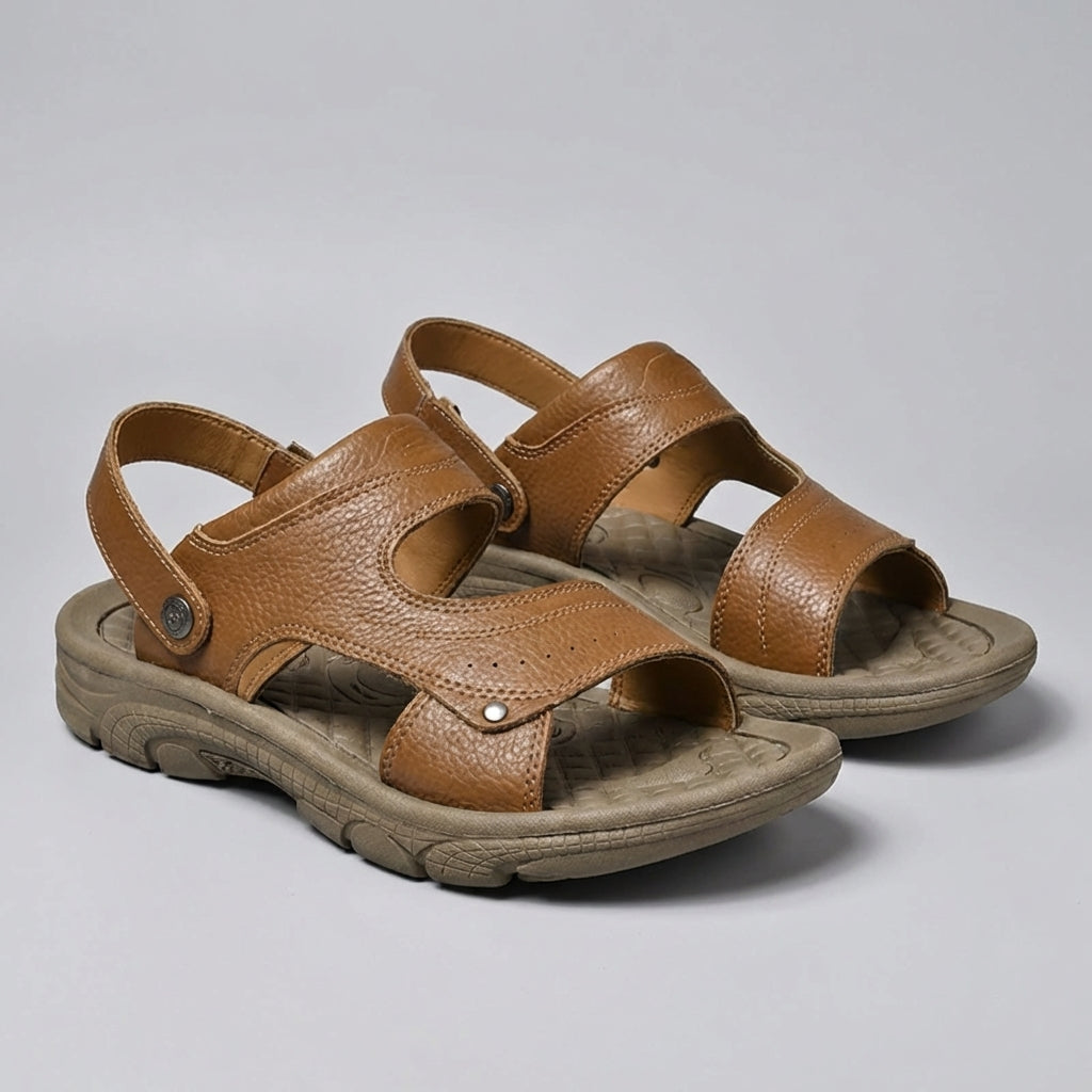Men's Leather Beach Sandals Open Toe Backstrap Walking Shoes Comfortable Casual Flats