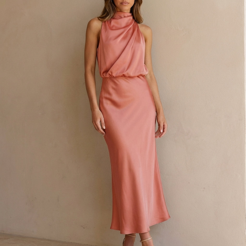 Satin Halter Neck Midi Dress Draped Blouson Waist Sleeveless Body Skimming Evening Wear