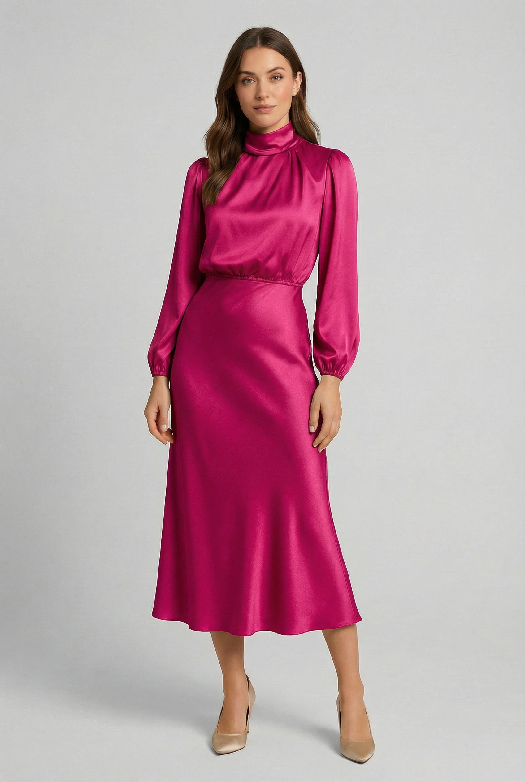 Women's High Neck Satin Midi Dress Long Sleeve High Waist Formal Evening Gown