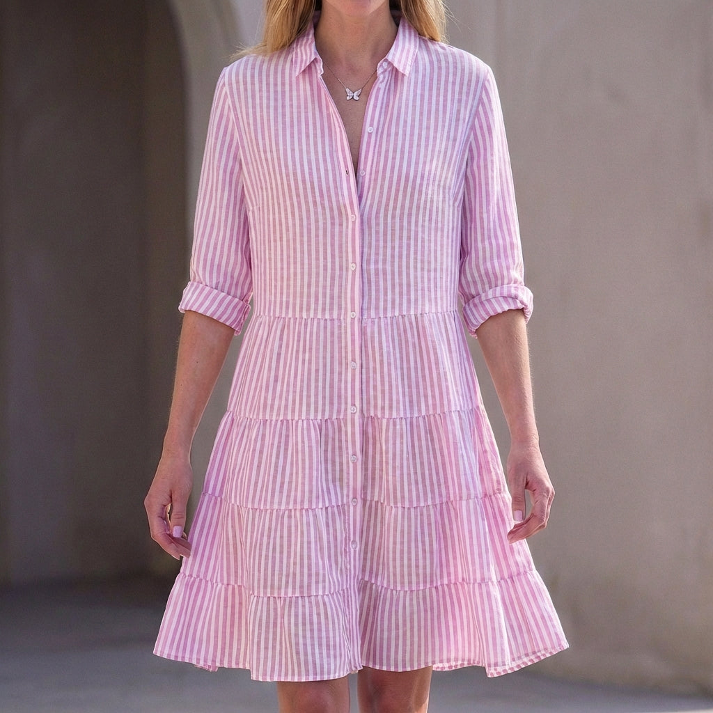 Striped Relaxed Fit Shirt Dress Button Front Tiered Skirt Above Knee Casual Mini
