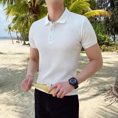 Men's short sleeve knit polo — slim fit ribbed top — casual daily wear