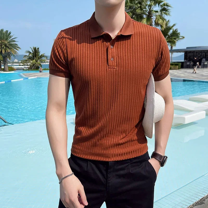 Men's short sleeve knit polo — slim fit ribbed top — casual daily wear