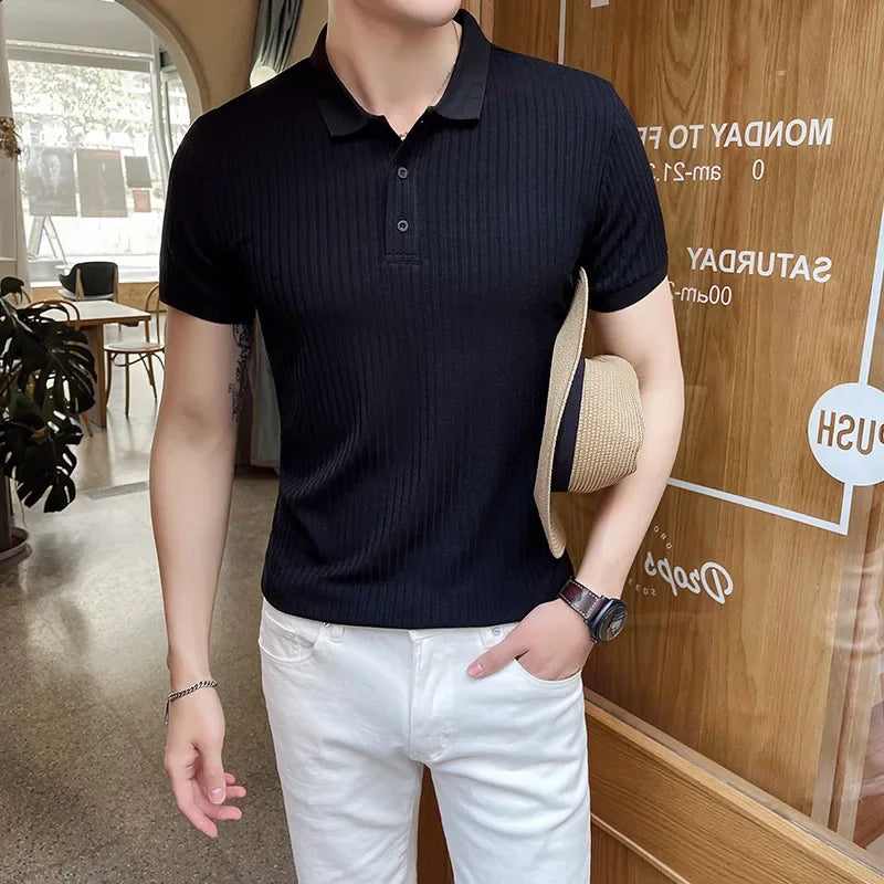 Men's short sleeve knit polo — slim fit ribbed top — casual daily wear