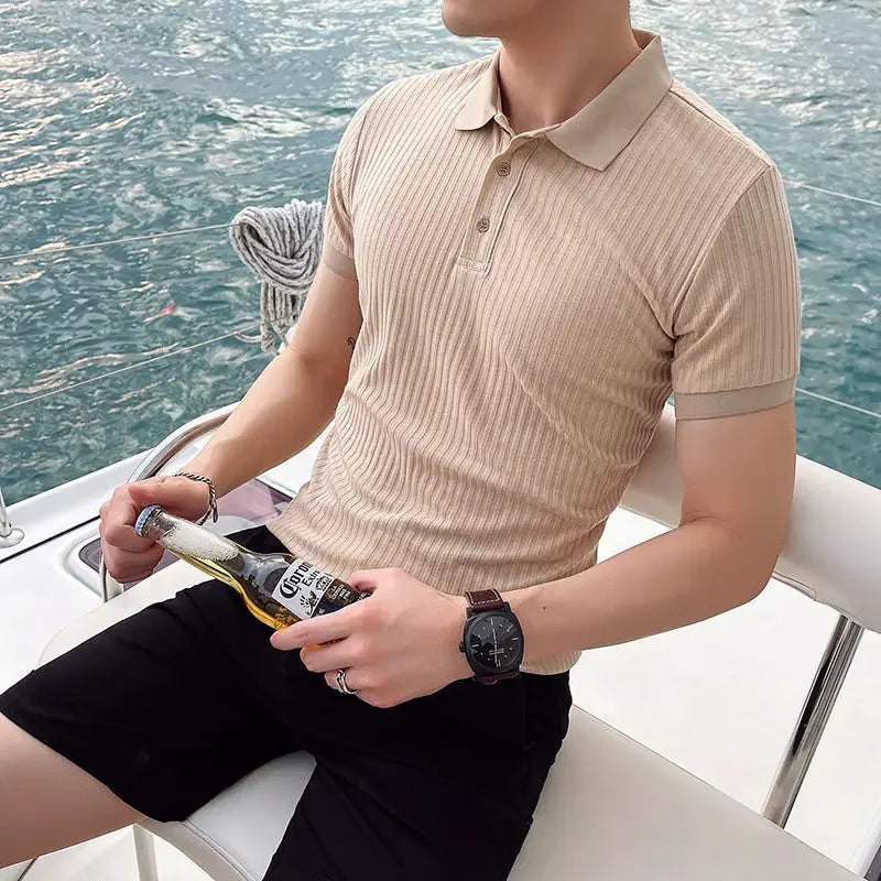 Men's short sleeve knit polo — slim fit ribbed top — casual daily wear