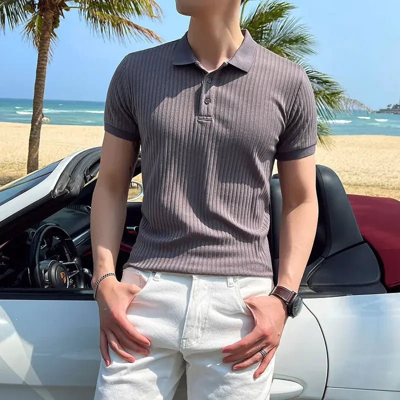 Men's short sleeve knit polo — slim fit ribbed top — casual daily wear