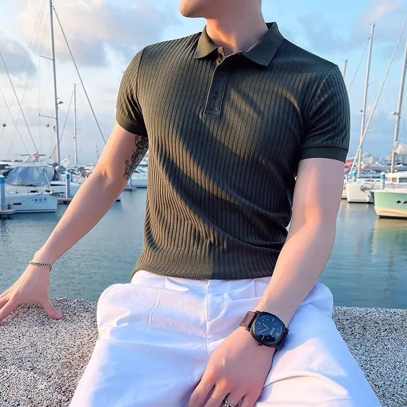 Men's short sleeve knit polo — slim fit ribbed top — casual daily wear