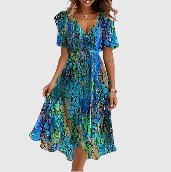 Women’s floral chiffon dress — plunging v neck flutter sleeve midi gown