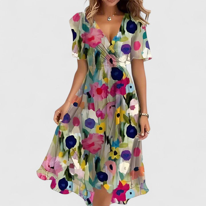 Women’s floral chiffon dress — plunging v neck flutter sleeve midi gown