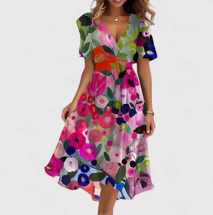 Women’s floral chiffon dress — plunging v neck flutter sleeve midi gown