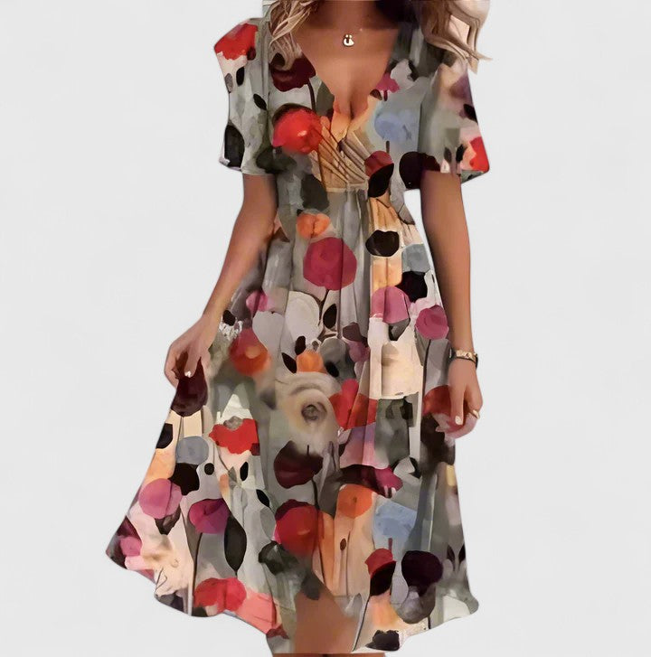 Women’s floral chiffon dress — plunging v neck flutter sleeve midi gown