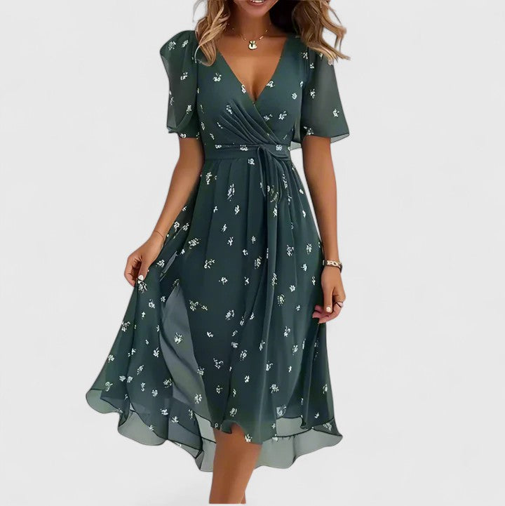 Women’s floral chiffon dress — plunging v neck flutter sleeve midi gown