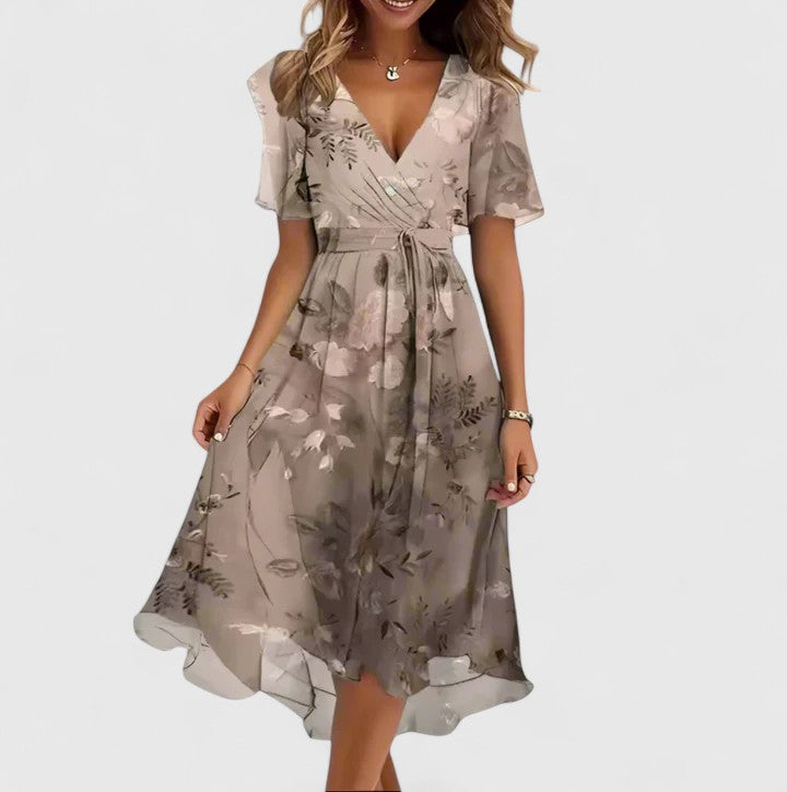 Women’s floral chiffon dress — plunging v neck flutter sleeve midi gown