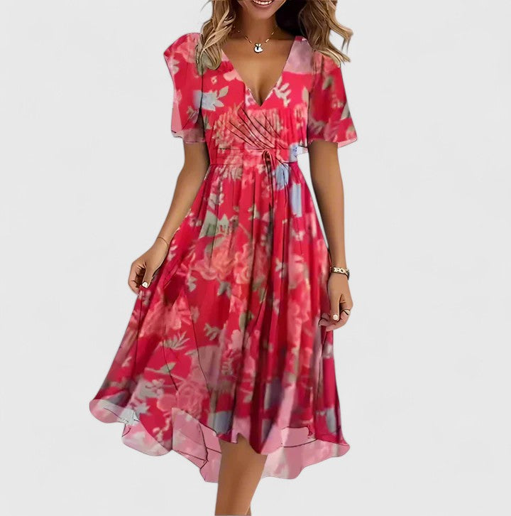 Women’s floral chiffon dress — plunging v neck flutter sleeve midi gown