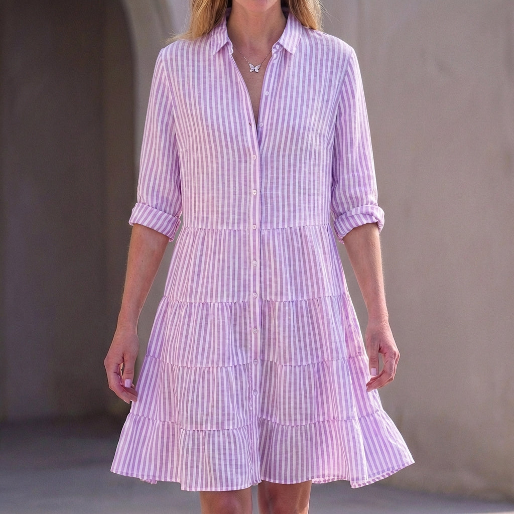 Striped Relaxed Fit Shirt Dress Button Front Tiered Skirt Above Knee Casual Mini