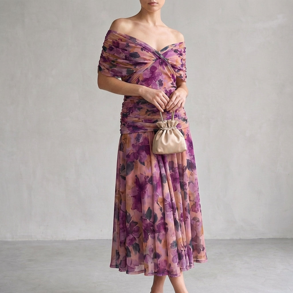 Off-Shoulder A-Line Midi Dress Ruched Cocktail Gown with Pleated Skirt for Women