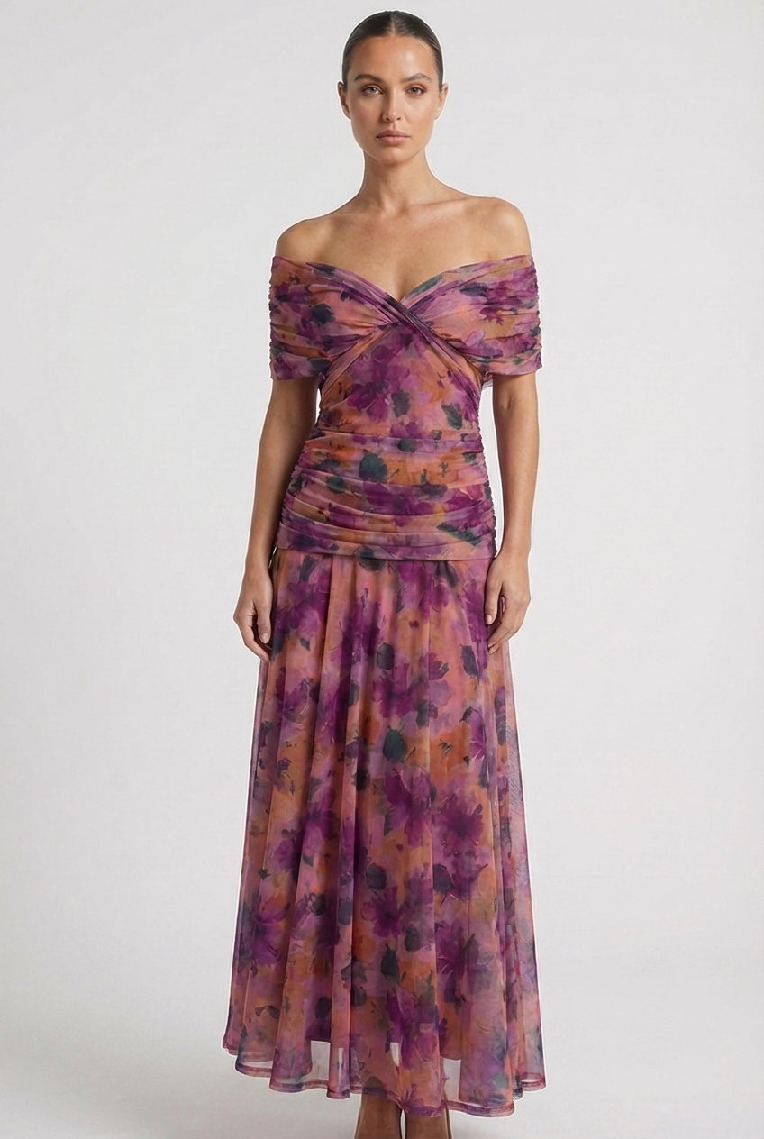 V-Neck Ruched Bodycon Evening Dress with Sheer Draped Sleeves Formal Gown