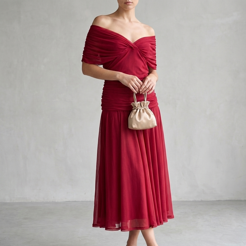 Off-Shoulder A-Line Midi Dress Ruched Cocktail Gown with Pleated Skirt for Women