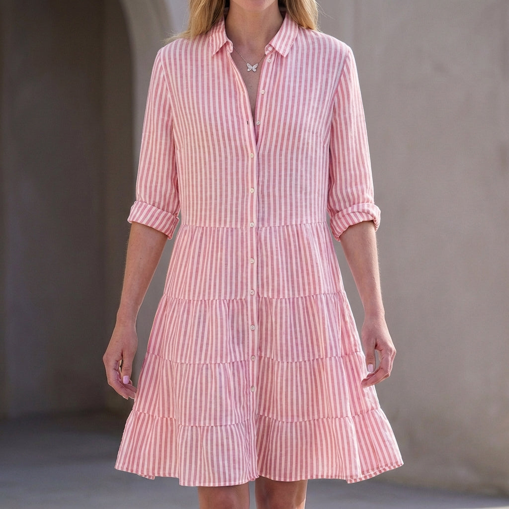 Striped Relaxed Fit Shirt Dress Button Front Tiered Skirt Above Knee Casual Mini