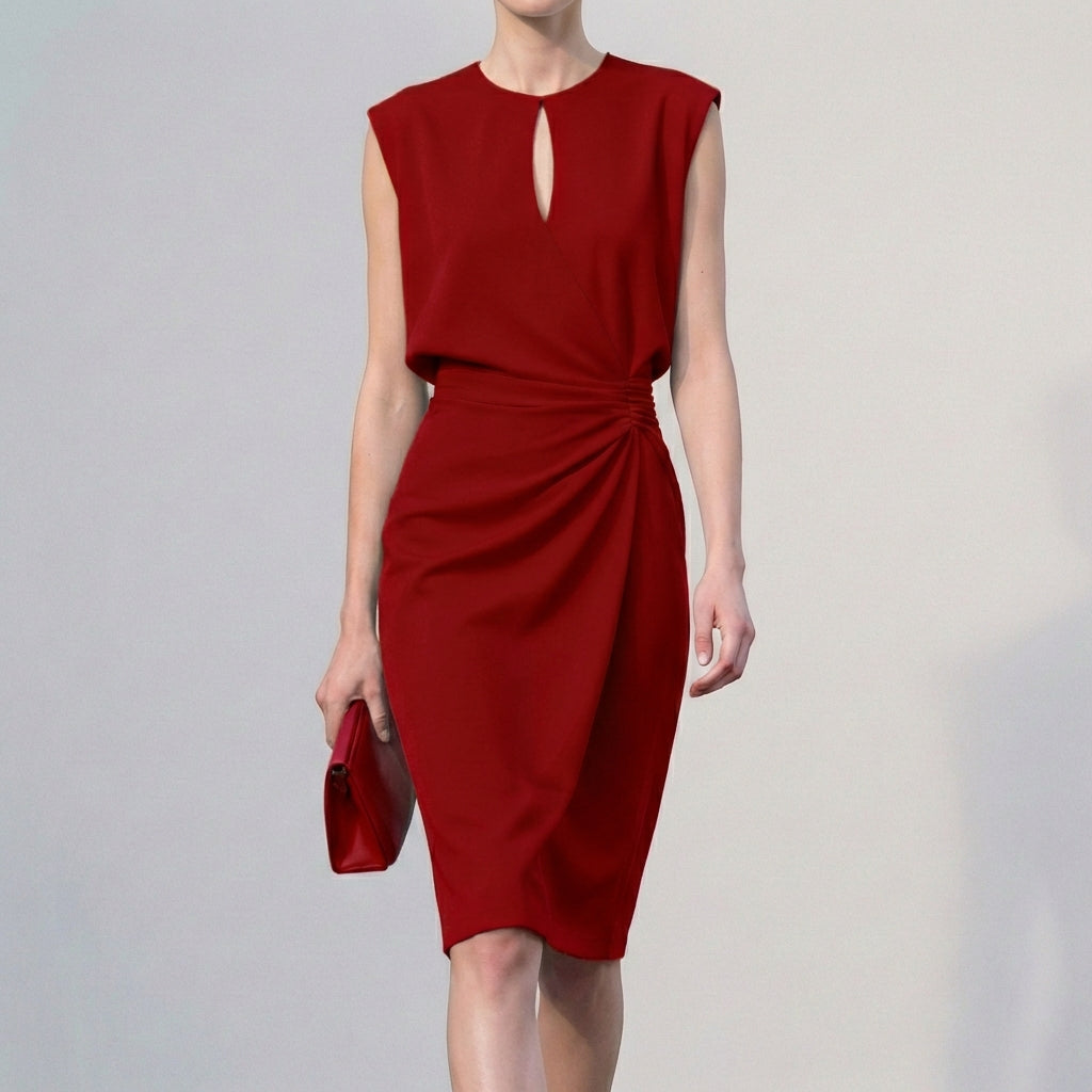 Women's Ruched Waist Knee-Length Dress with Cap Sleeves and Keyhole Neckline