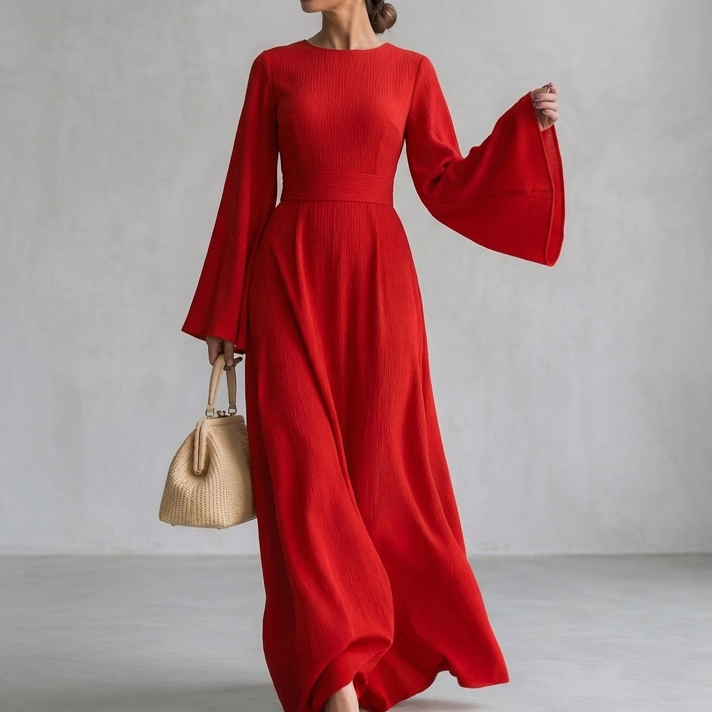 Bell Sleeve Maxi Dress Crew Neck Ribbed Texture Belted Flowy Long Sleeve Dress