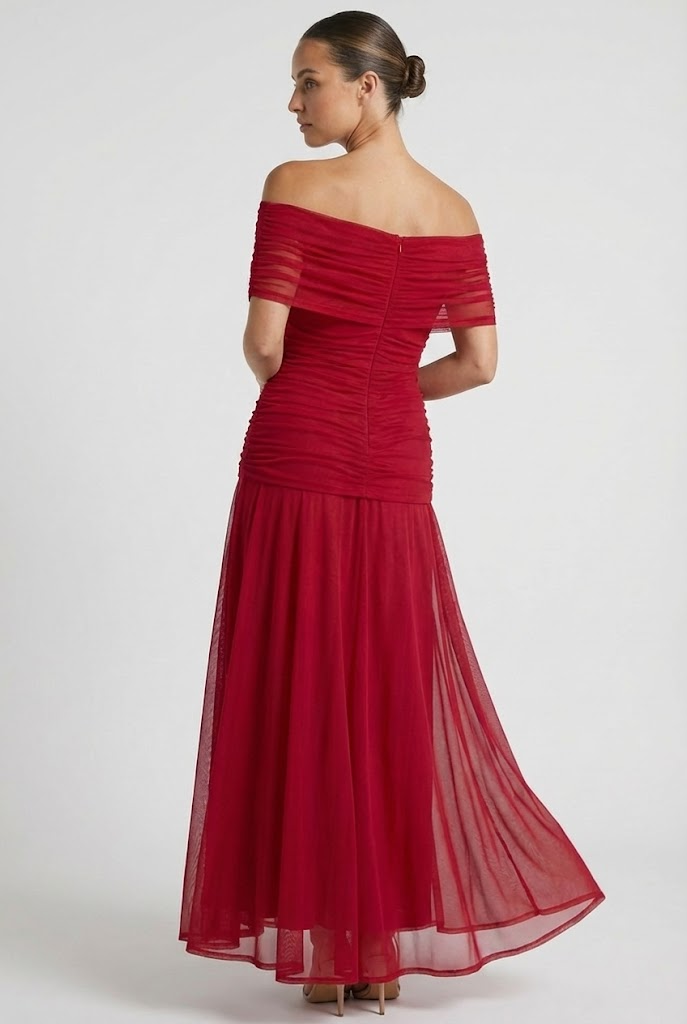 V-Neck Ruched Bodycon Evening Dress with Sheer Draped Sleeves Formal Gown