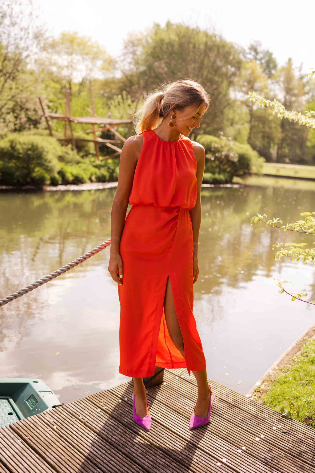 Sleeveless Halter Neckline Midi Dress