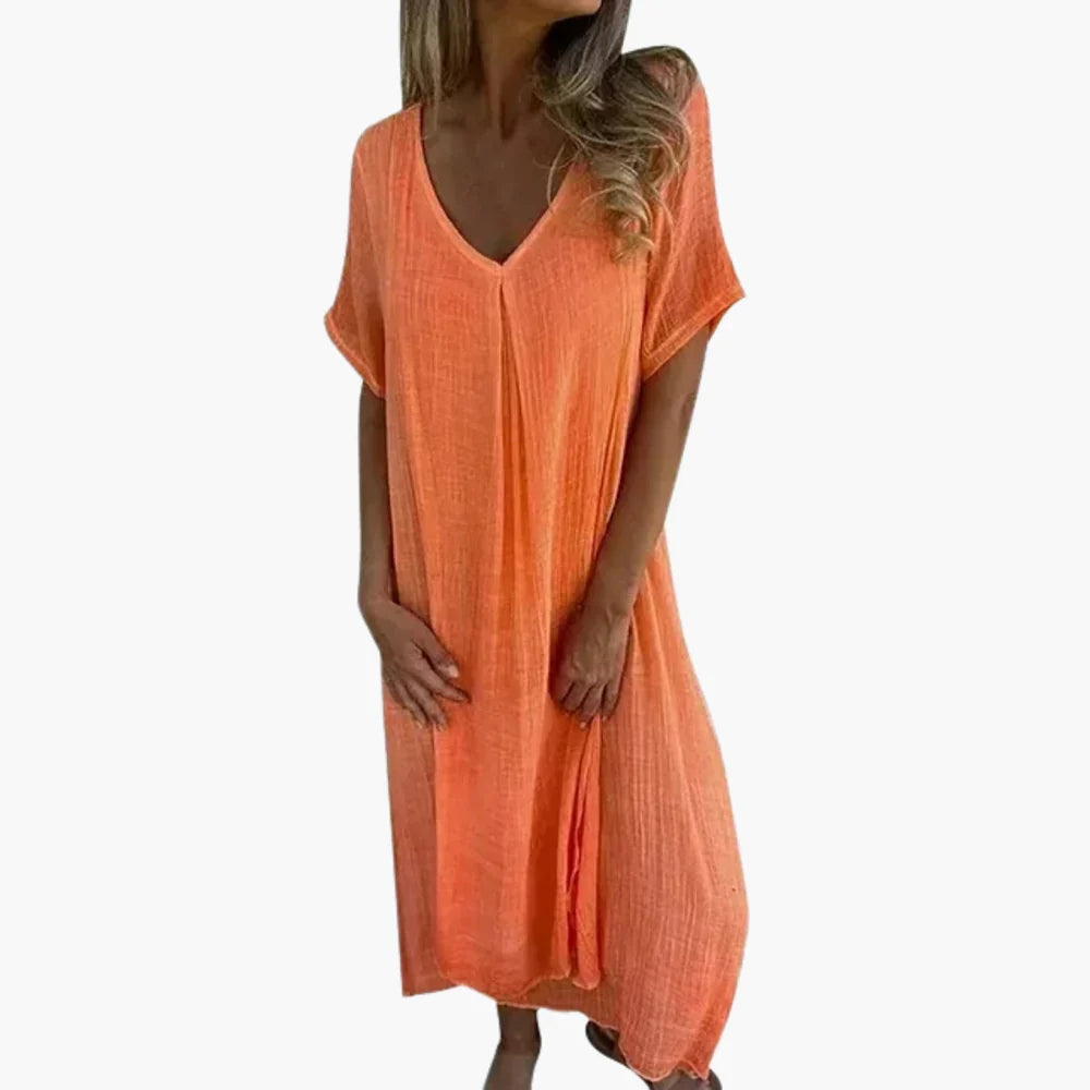 Cotton Linen Maxi Dress V Neck Short Sleeve Bohemian Loose Fit A-Line Long Dress