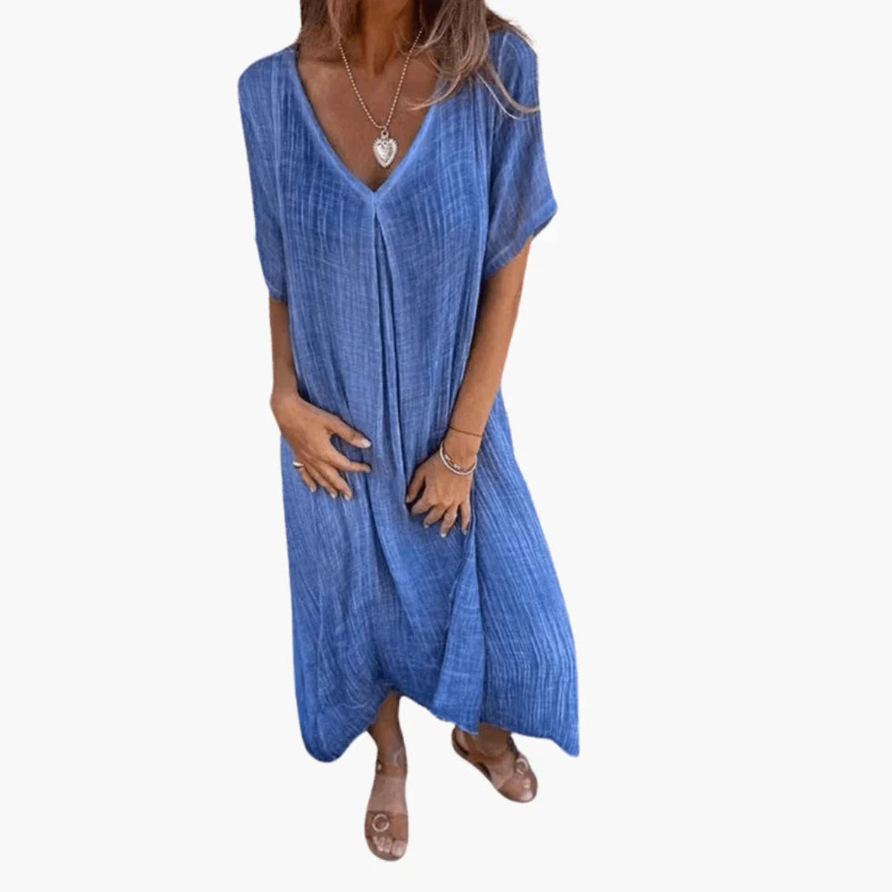 Cotton Linen Maxi Dress V Neck Short Sleeve Bohemian Loose Fit A-Line Long Dress
