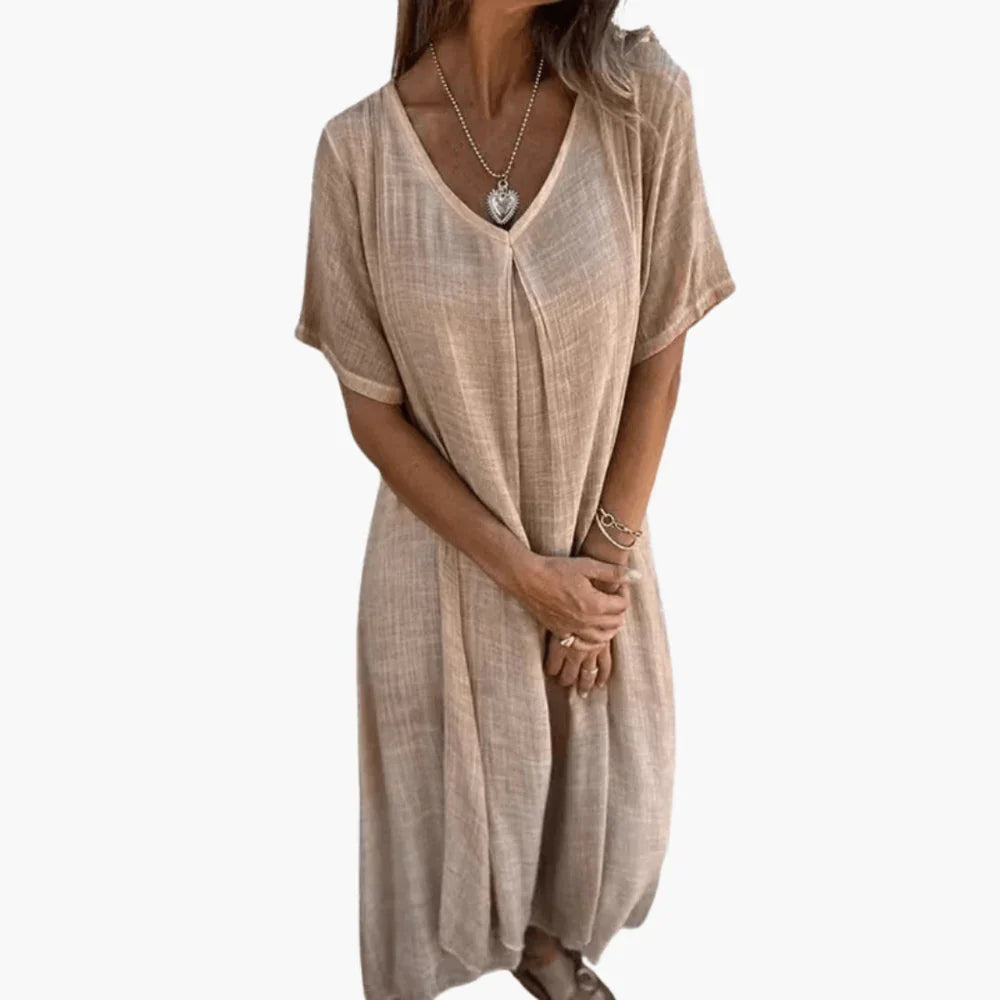 Cotton Linen Maxi Dress V Neck Short Sleeve Bohemian Loose Fit A-Line Long Dress