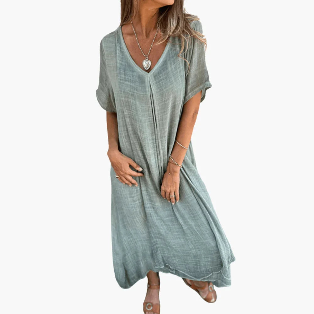 Cotton Linen Maxi Dress V Neck Short Sleeve Bohemian Loose Fit A-Line Long Dress