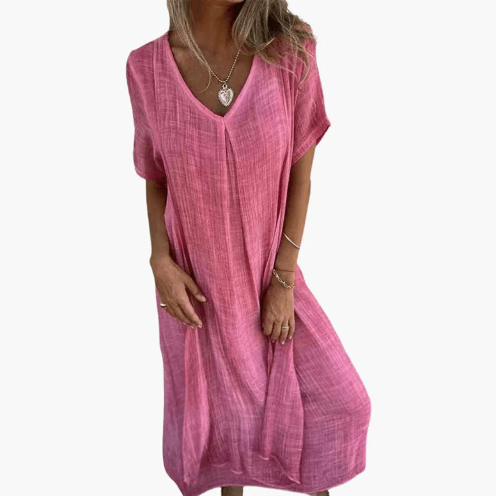 Cotton Linen Maxi Dress V Neck Short Sleeve Bohemian Loose Fit A-Line Long Dress