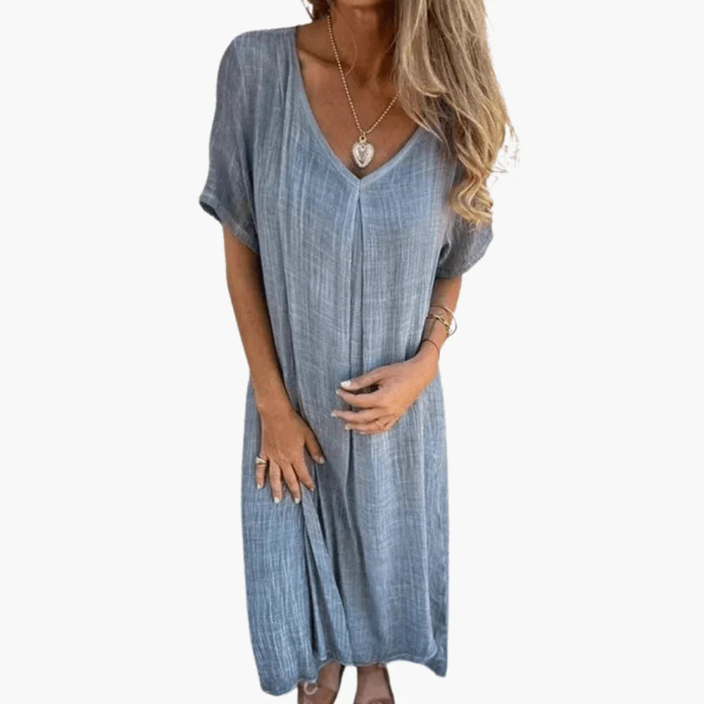 Cotton Linen Maxi Dress V Neck Short Sleeve Bohemian Loose Fit A-Line Long Dress