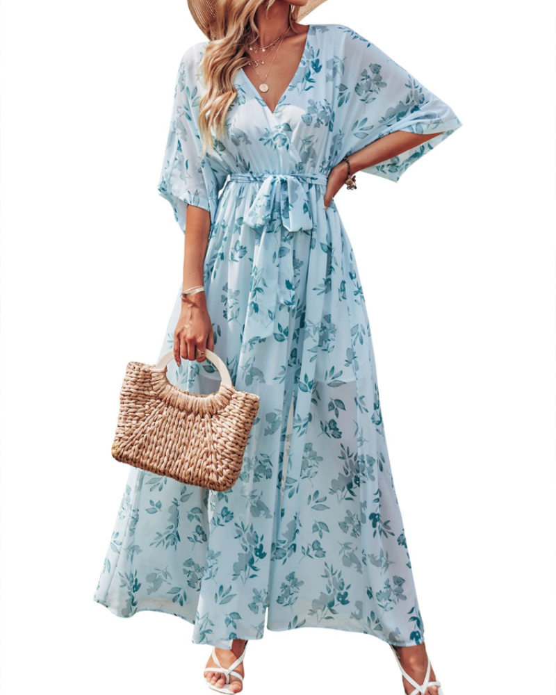 Women's floral kimono maxi dress — boho style — beach vacation