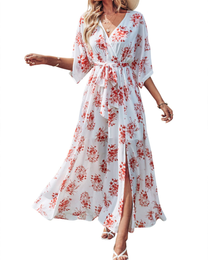 Women's floral kimono maxi dress — boho style — beach vacation