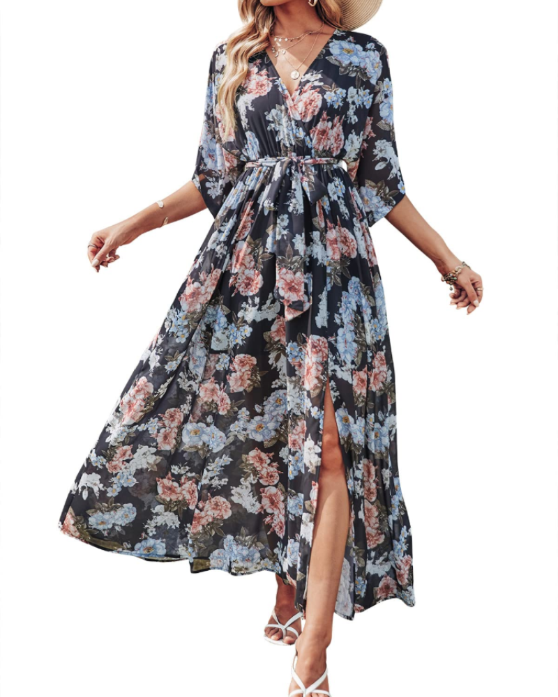 Women's floral kimono maxi dress — boho style — beach vacation