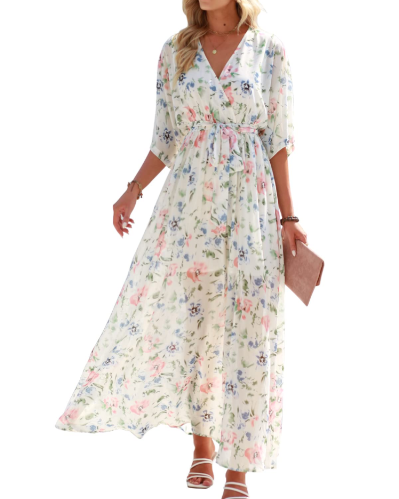 Women's floral kimono maxi dress — boho style — beach vacation