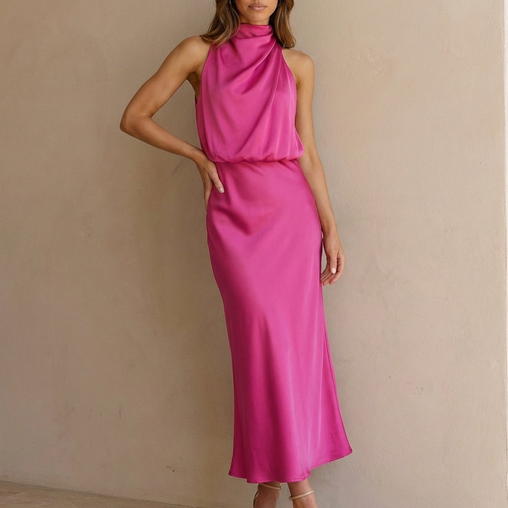 Satin Halter Neck Midi Dress Draped Blouson Waist Sleeveless Body Skimming Evening Wear