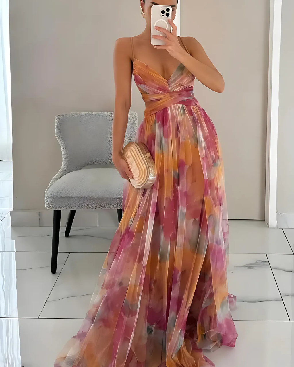 Women's Floral Maxi Dress with Spaghetti Straps and Chiffon Overlay
