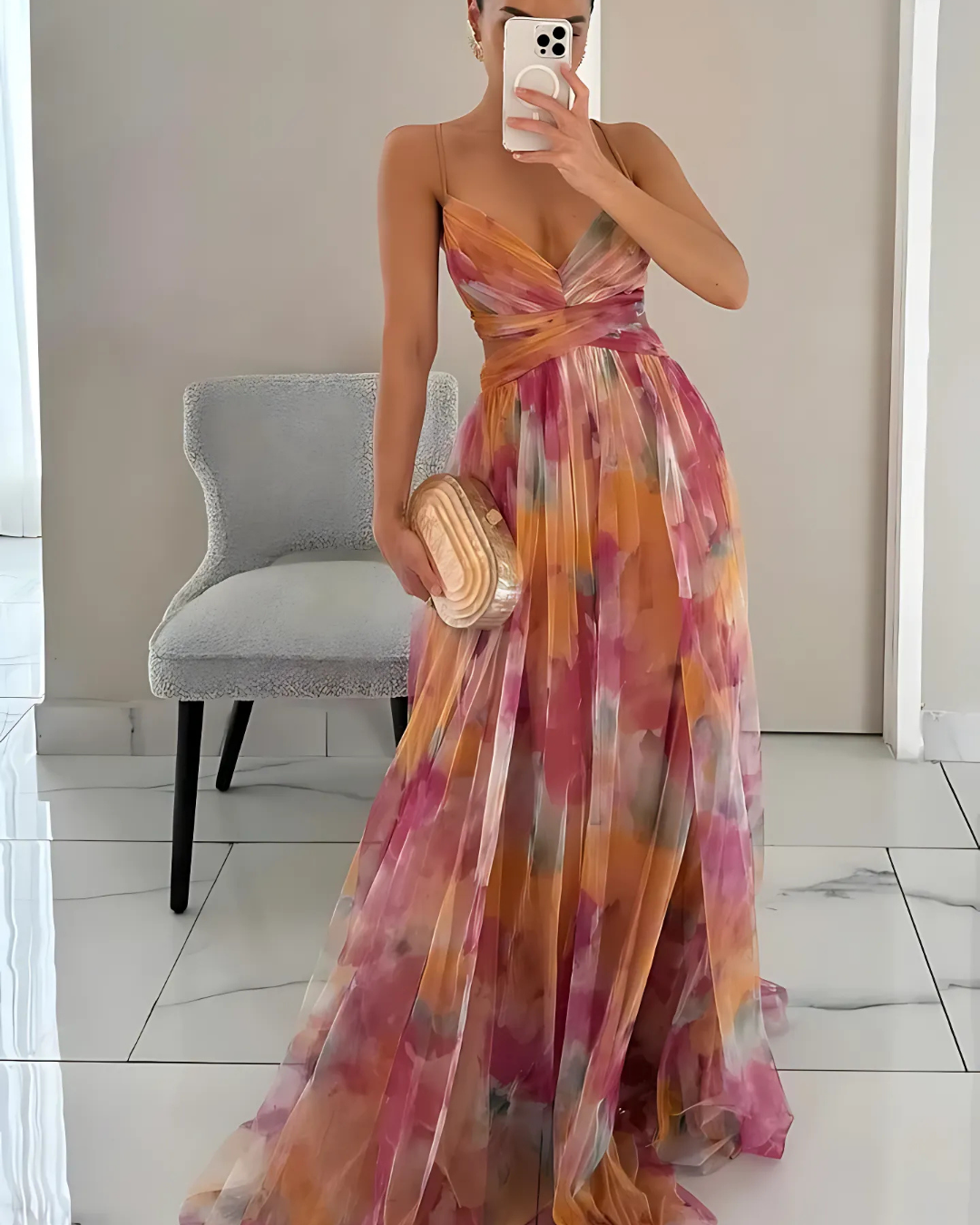 Women's Floral Maxi Dress with Spaghetti Straps and Chiffon Overlay