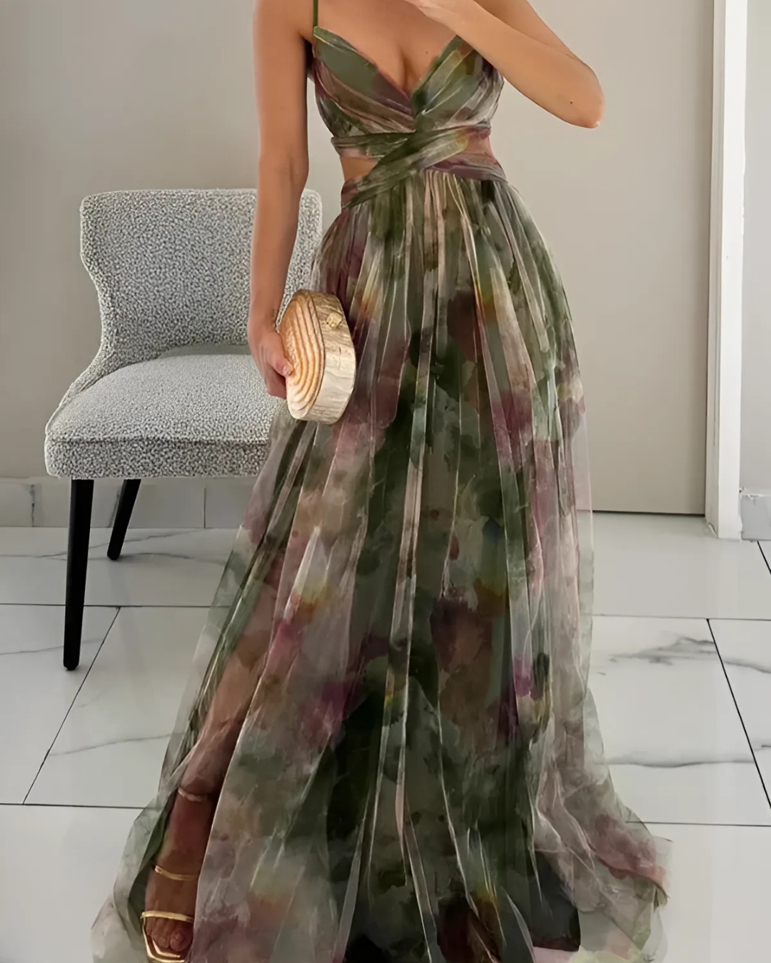 Women's Floral Maxi Dress with Spaghetti Straps and Chiffon Overlay
