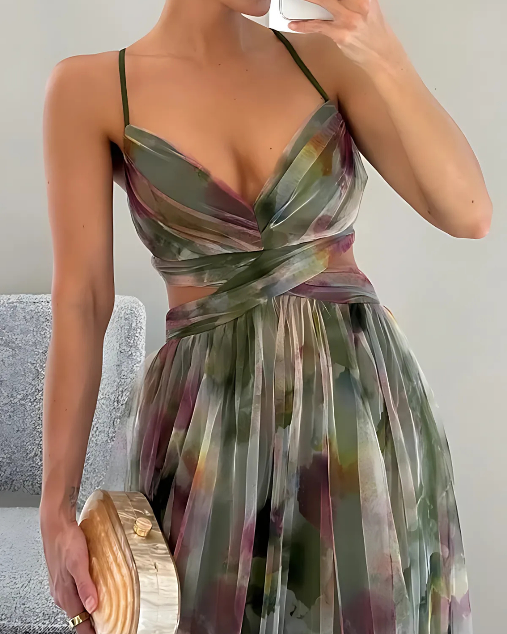 Women's Floral Maxi Dress with Spaghetti Straps and Chiffon Overlay