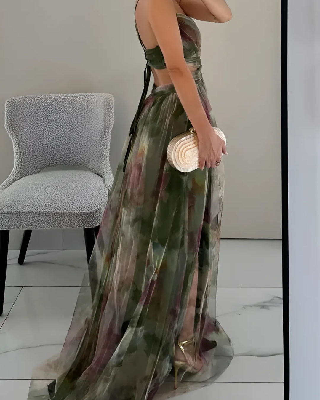 Women's Floral Maxi Dress with Spaghetti Straps and Chiffon Overlay