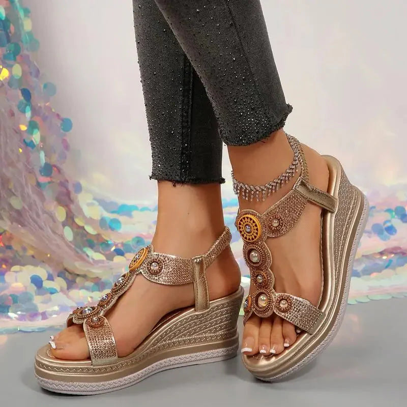 Women's Wedge Sandals Jeweled Faux Leather Ankle Strap Platform Cushioned Walking Shoes